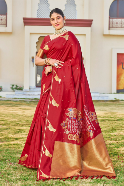 Nita Ambani inspired Chilly Red Malai silk with weaving Sanskrit Mantra pallu