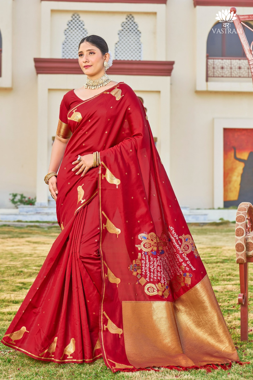 nita ambani inspired chilly red malai silk with weaving sanskrit mantra pallu