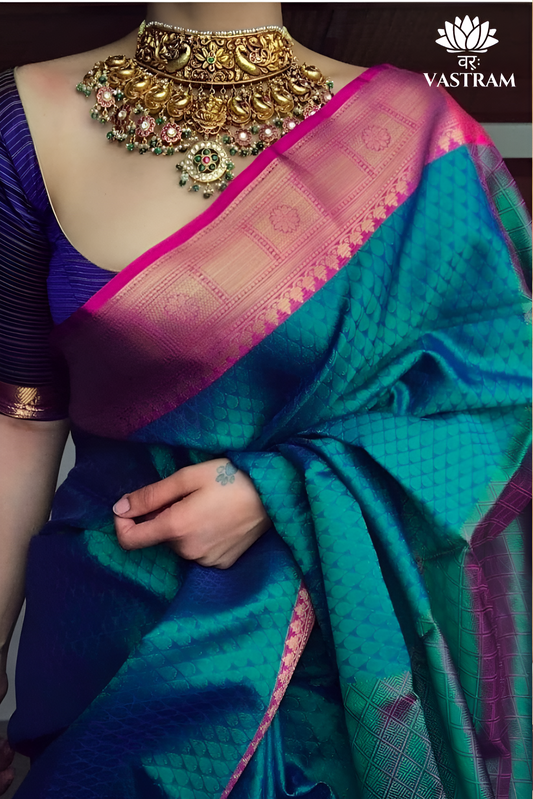 Rama Green and Pink Kanchipuram Soft Silk Saree, South Indian Style, Wedding Saree, Diwali Festive Wear, Traditional Ethnic Ensemble