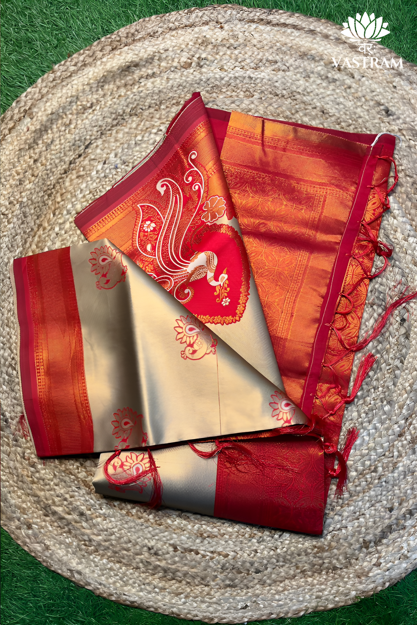 golden and red saree for regal charm. perfect for weddings, festivals, and special occasions