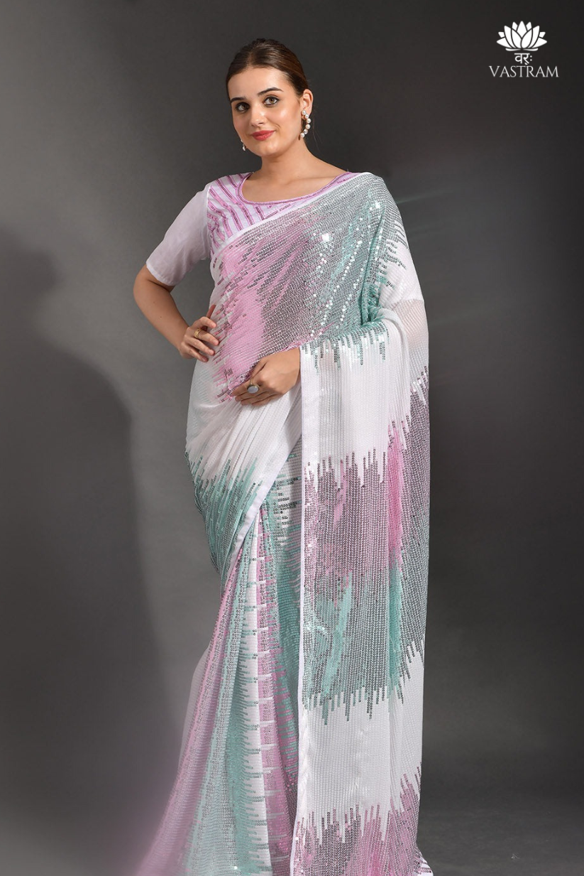 pastel pink and green gradient sequin designer saree for elegant occasions