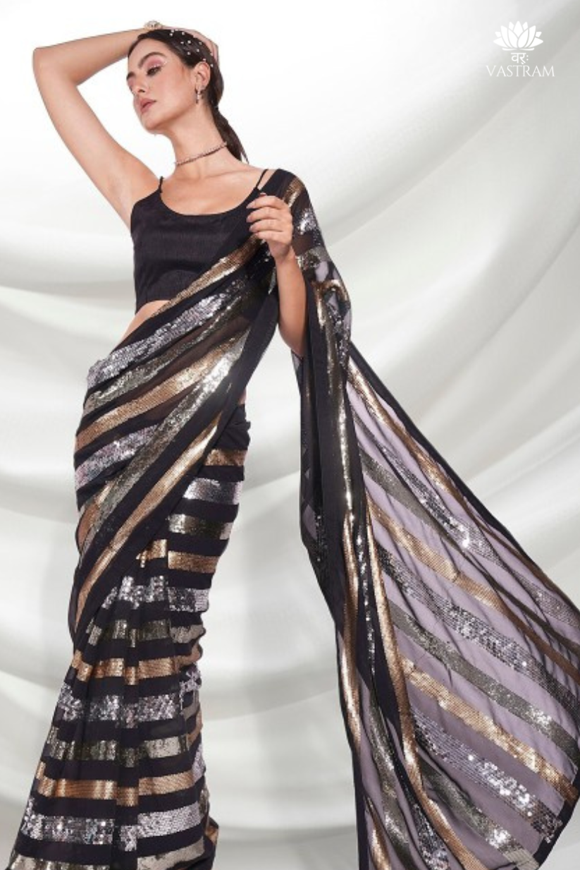 black & metallic striped sequin designer saree for luxe party wear 🖤💫