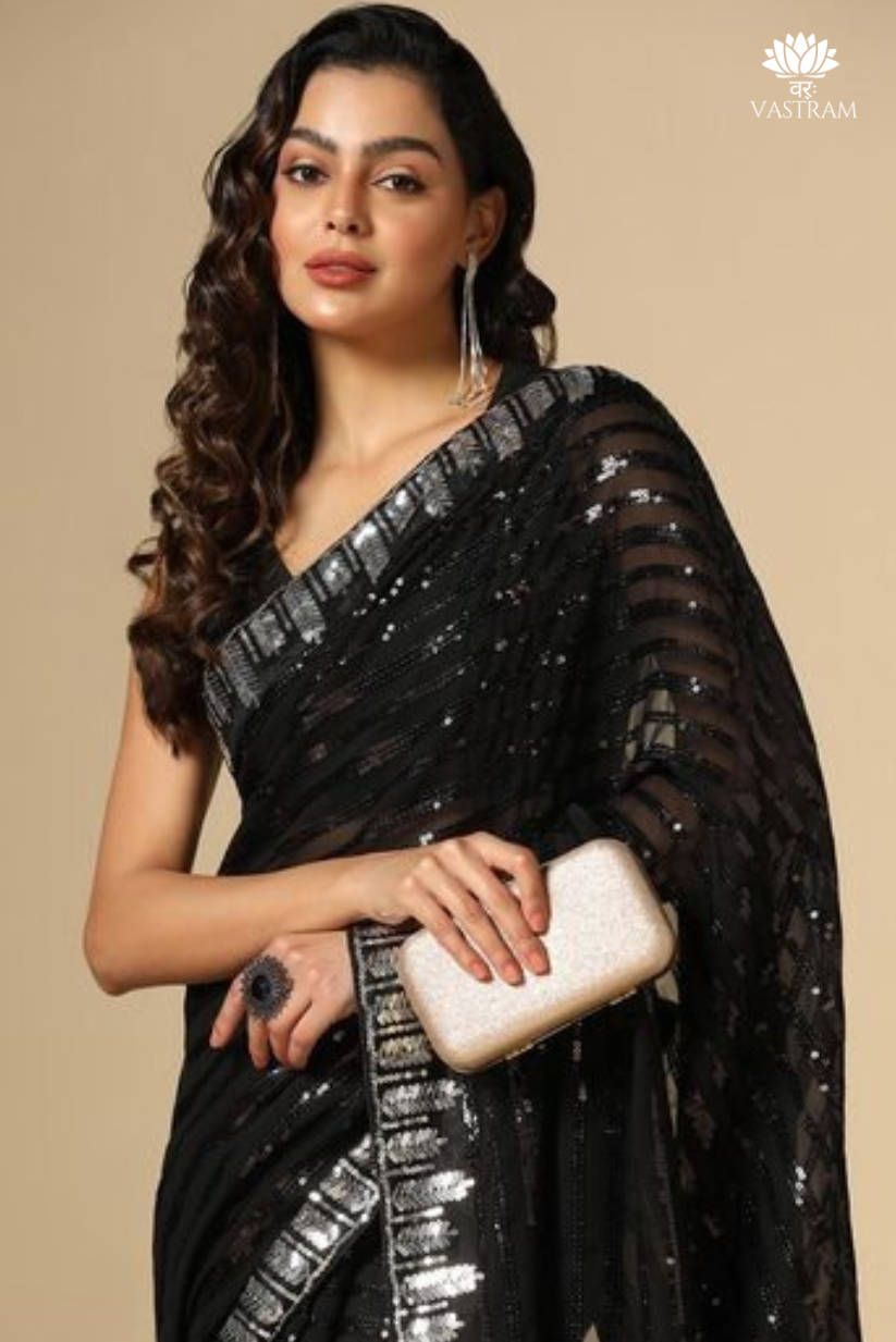 elegant black sequin designer saree with shimmering border for luxe occasions