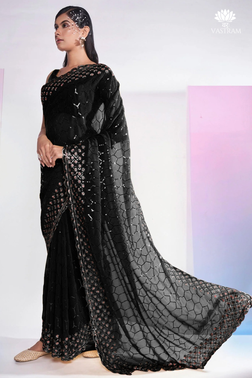 designer black bollywood-inspired sequin embellished party wear saree with blouse piece 🖤