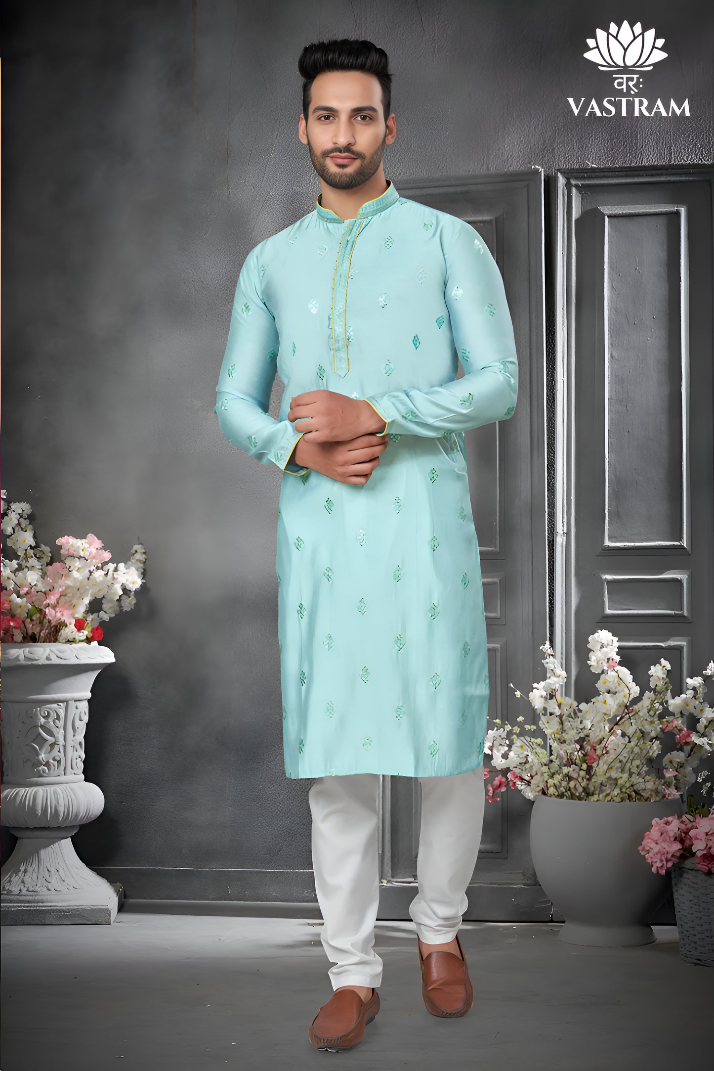 premium sea blue silk men kurta pajama in floral design | indian, pakistani wedding, party wear men's tradition kurta