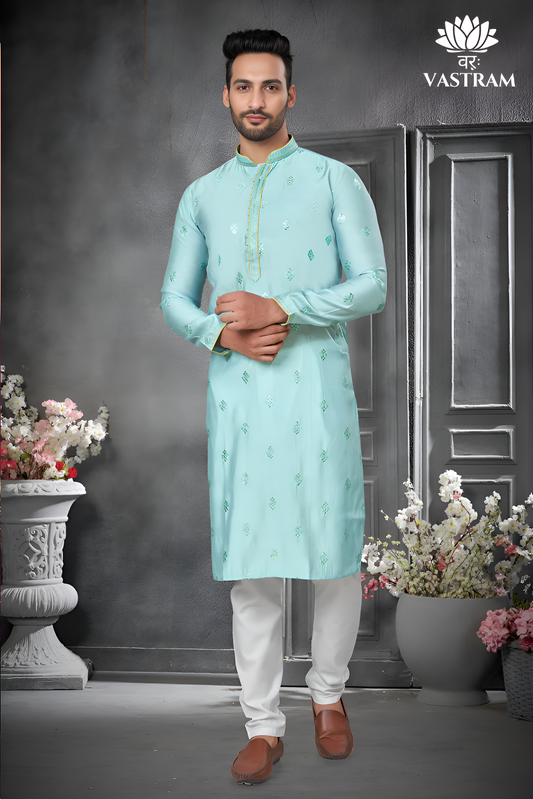 Premium Sea Blue Silk Men Kurta Pajama in Floral Design | Indian, Pakistani Wedding, Party wear Men's Tradition Kurta