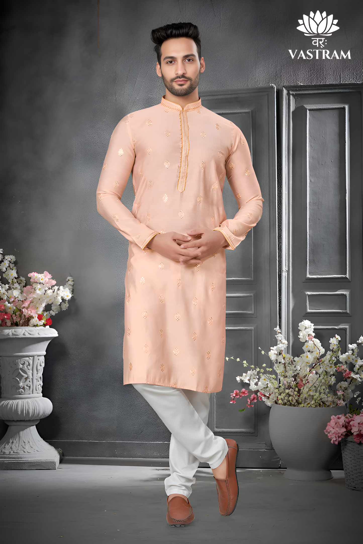 premium peach silk men kurta pajama in floral design | indian, pakistani wedding, party wear men's tradition kurta