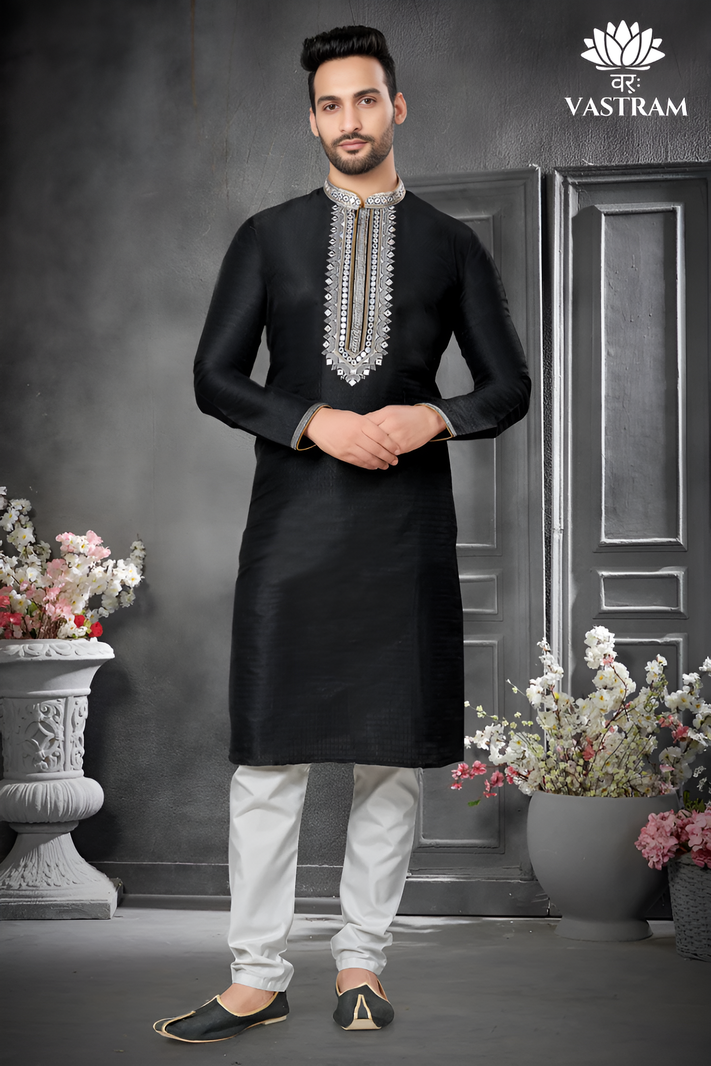 black cotton men's kurta pajama set | indian, pakistani wedding men's kurta with silk dupatta fast delivery to usa, australia, uk