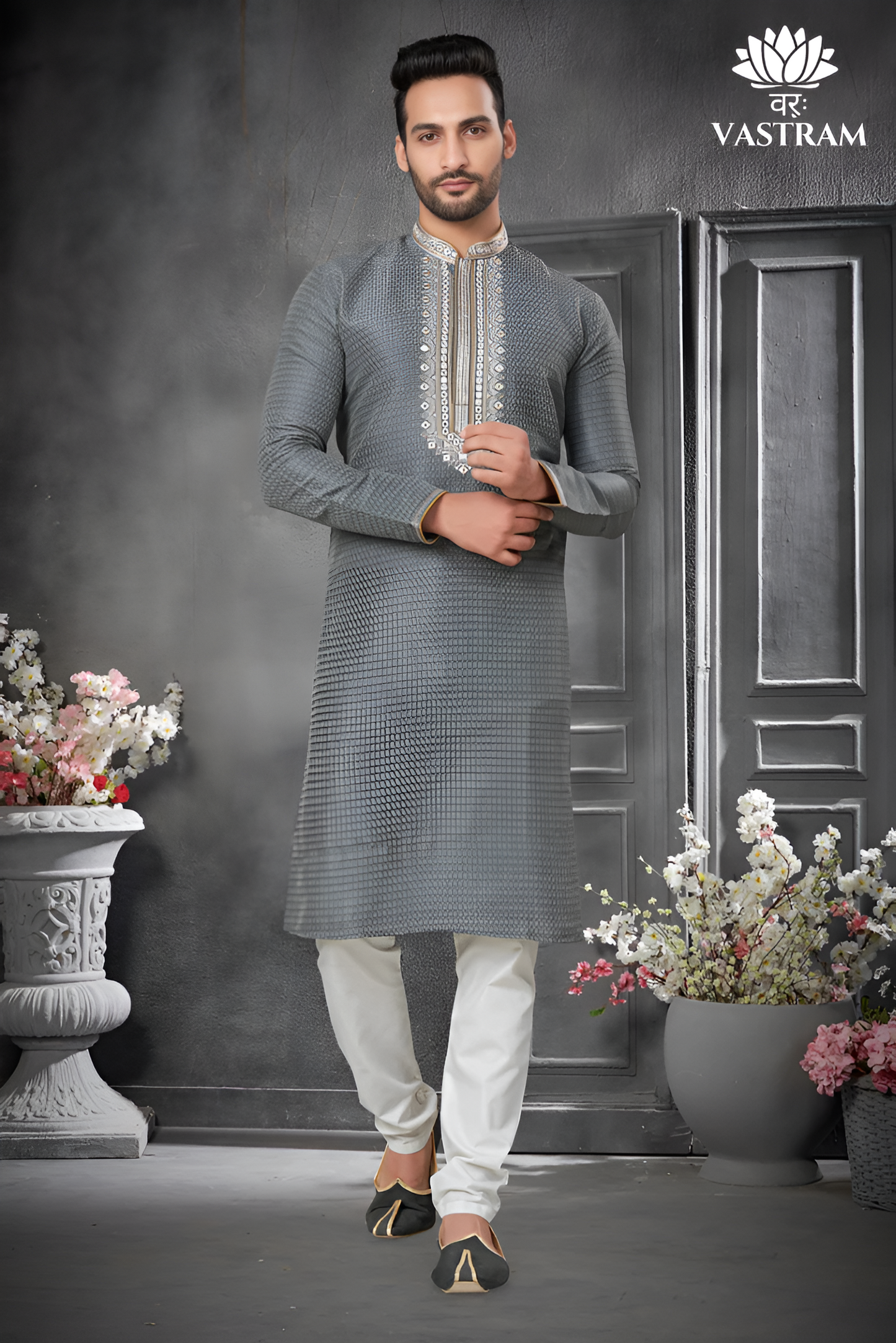 gray cotton men's kurta pajama set | indian, pakistani wedding men's kurta with silk dupatta fast delivery to usa, australia, uk