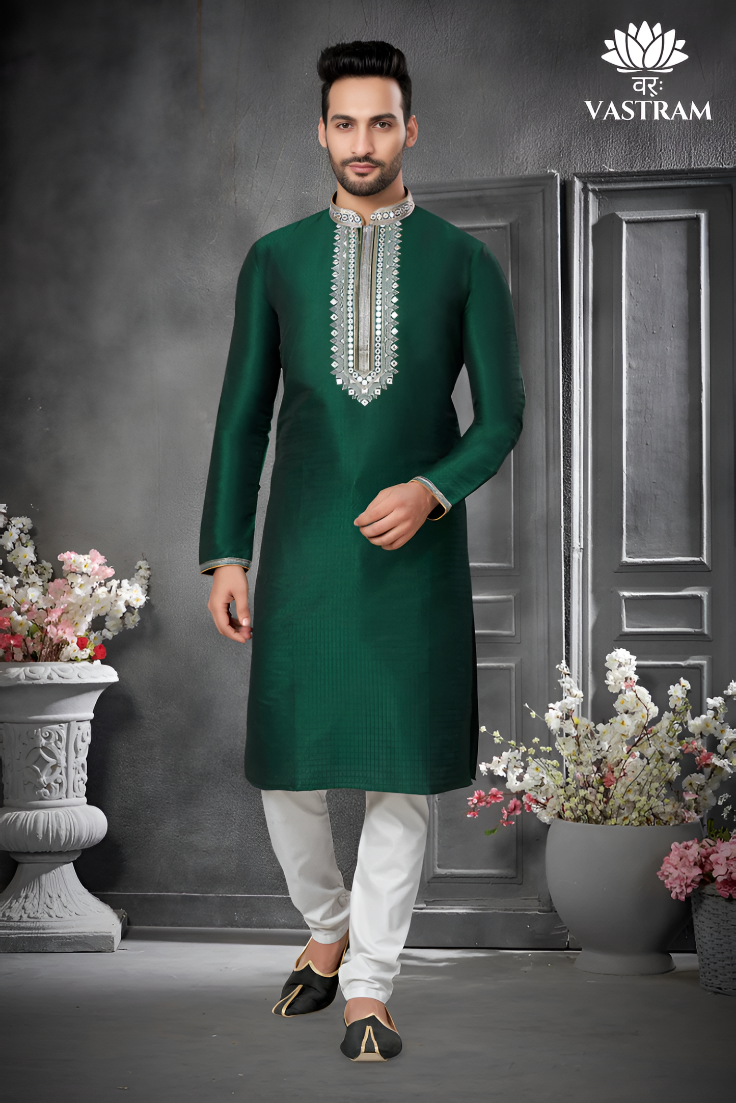 dark green cotton men's kurta pajama set | indian, pakistani wedding men's kurta with silk dupatta fast delivery to usa, australia, uk