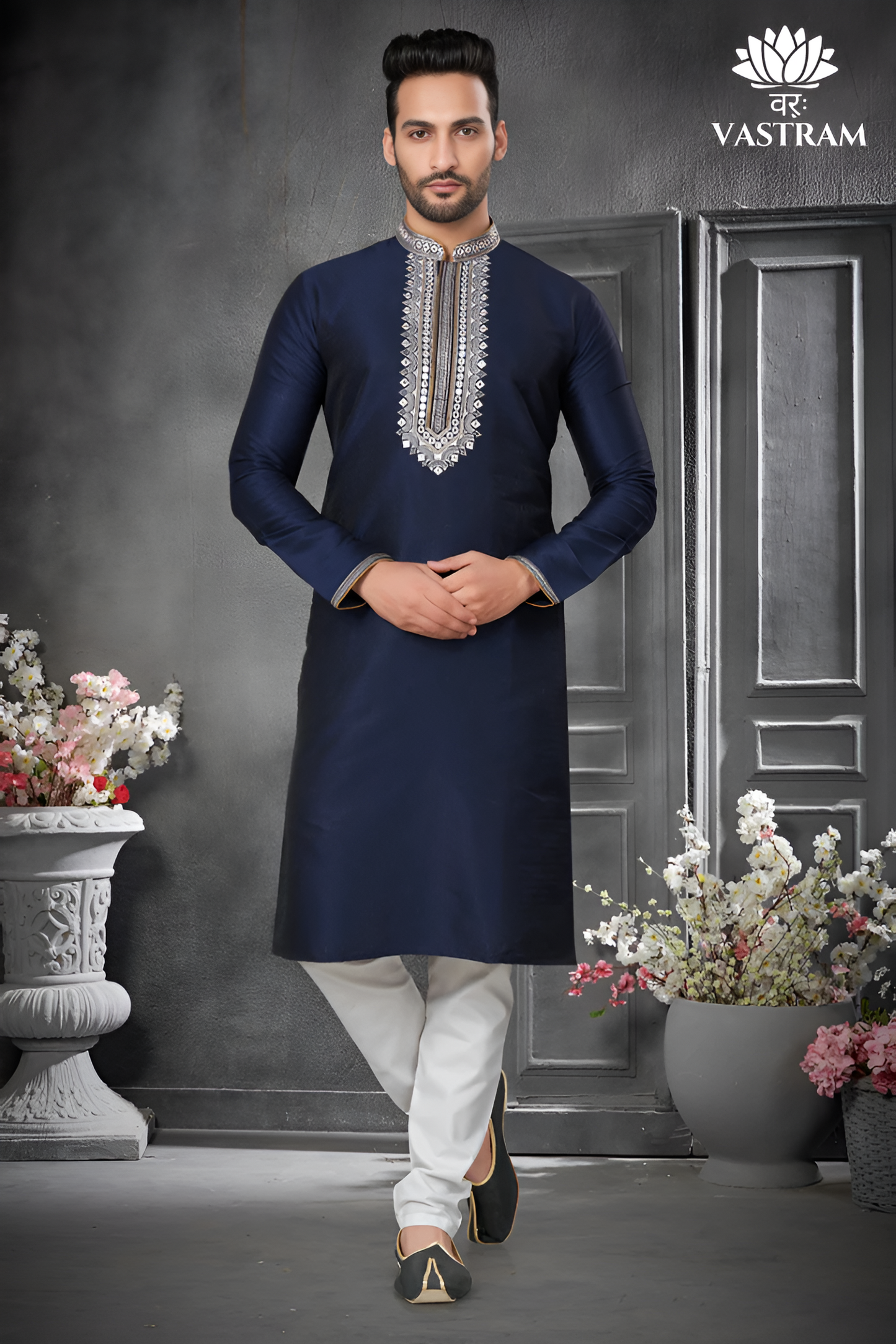 navy blue cotton men's kurta pajama set | fancy embroidery pattern kurta for wedding, party, fast delivery to usa, australia, canada, uk