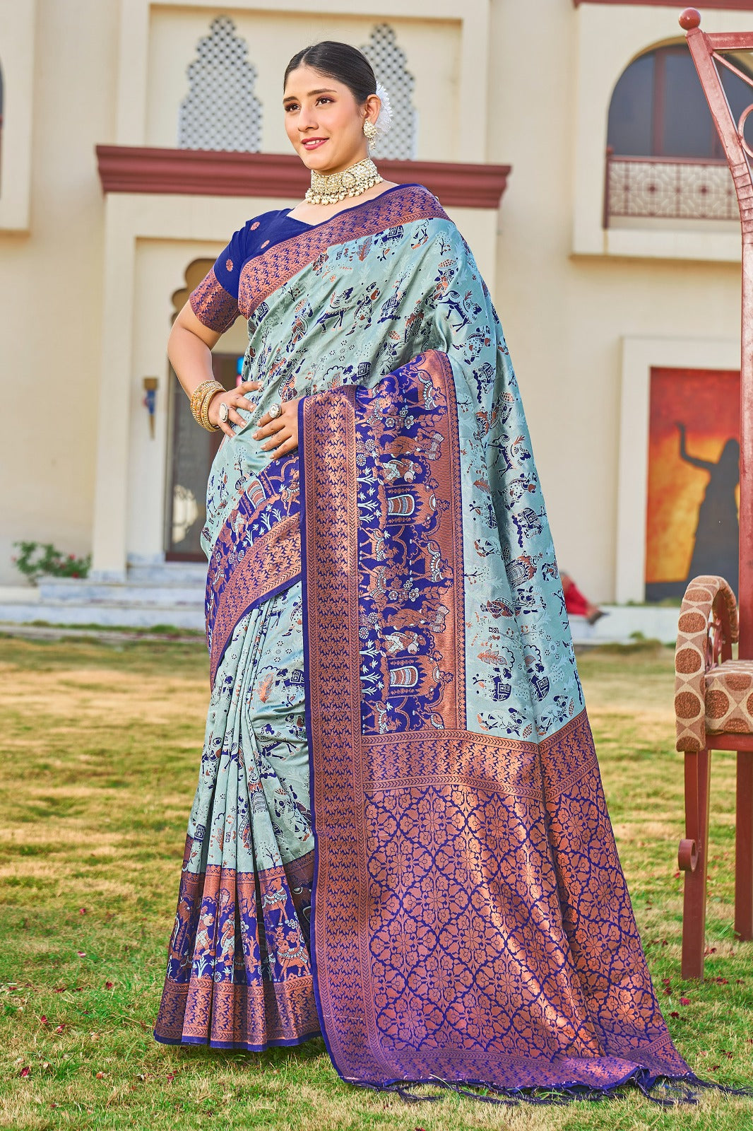 blue hand printed kanjivaram silk saree