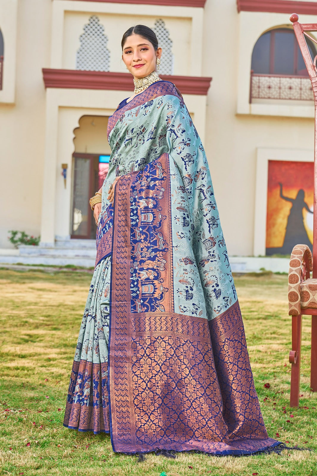 blue hand printed kanjivaram silk saree