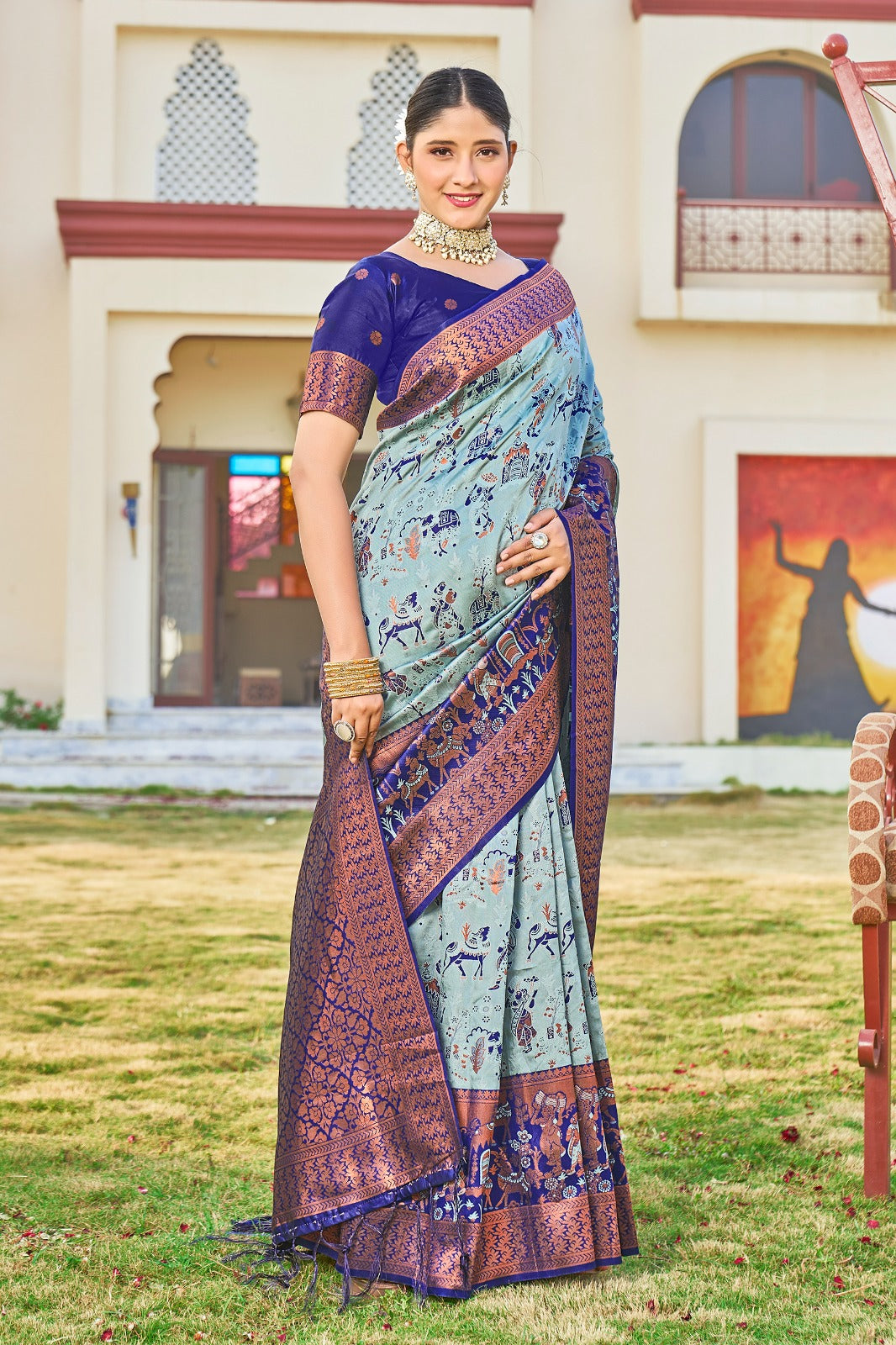 blue hand printed kanjivaram silk saree