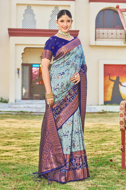 Blue Hand Printed Kanjivaram Silk Saree