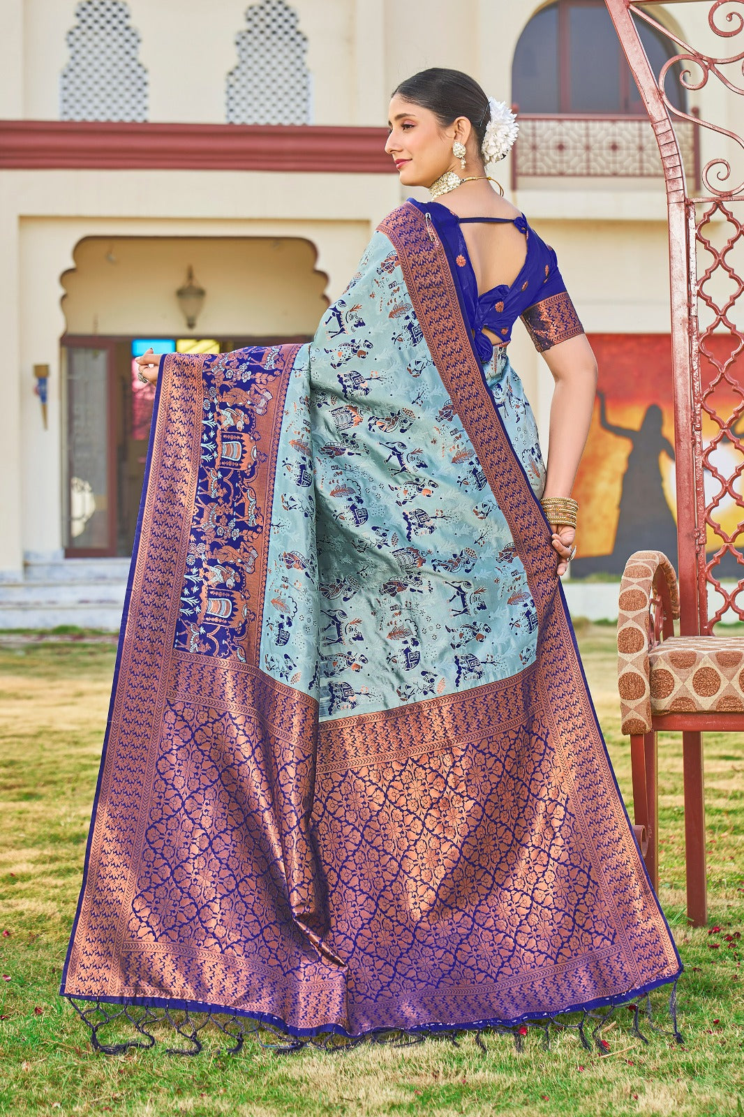 blue hand printed kanjivaram silk saree