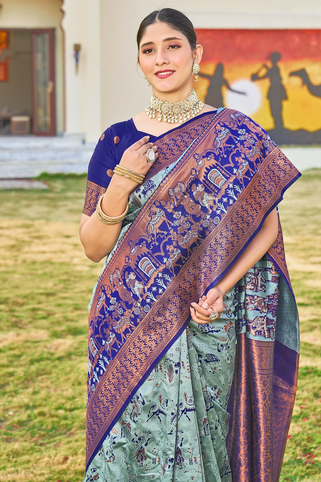 blue hand printed kanjivaram silk saree