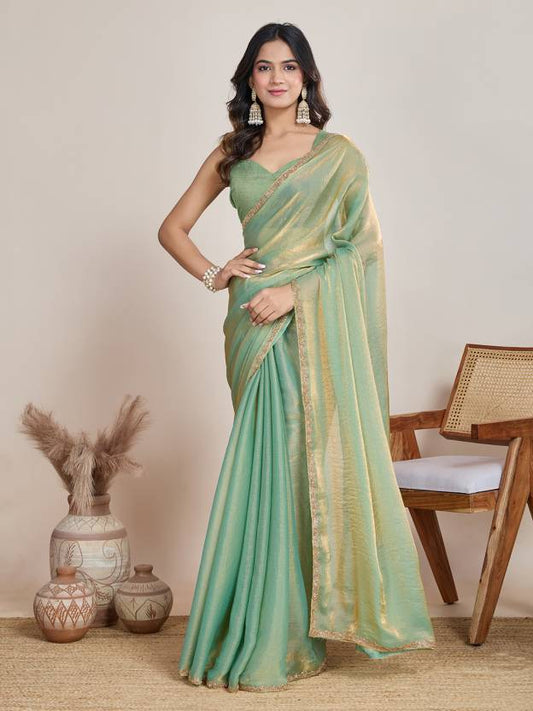 Golden Pastel Green Fendy Silk saree with same Blouse