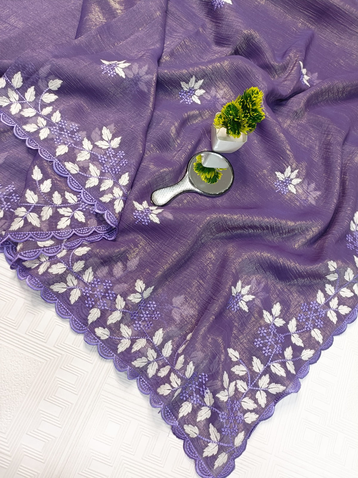purple organza look saree with white floral embroidery, elegant lightweight drape for festive & casual wear