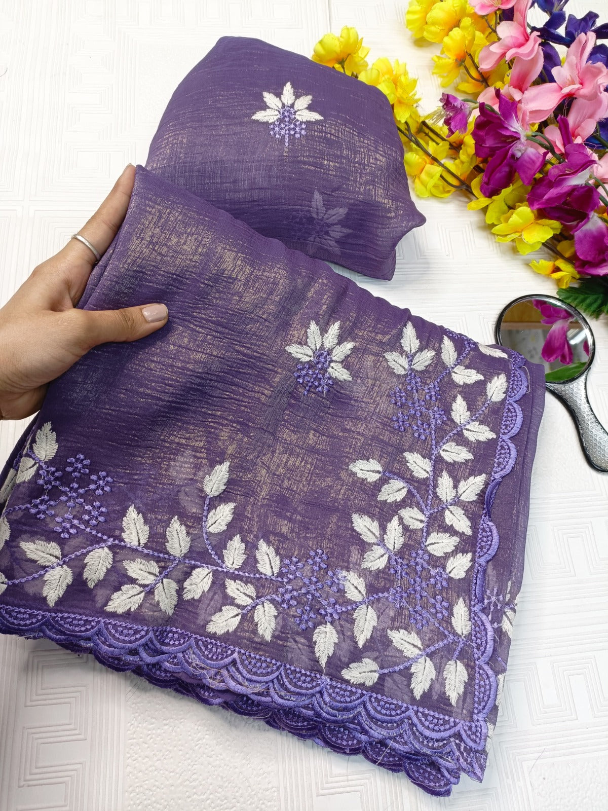 purple organza look saree with white floral embroidery, elegant lightweight drape for festive & casual wear