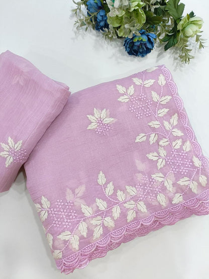 Lavender Soft Organza Saree with White Leaf Embroidery Elegant Scallop Border Saree for Festive & Party Wear | Unstitched Blouse