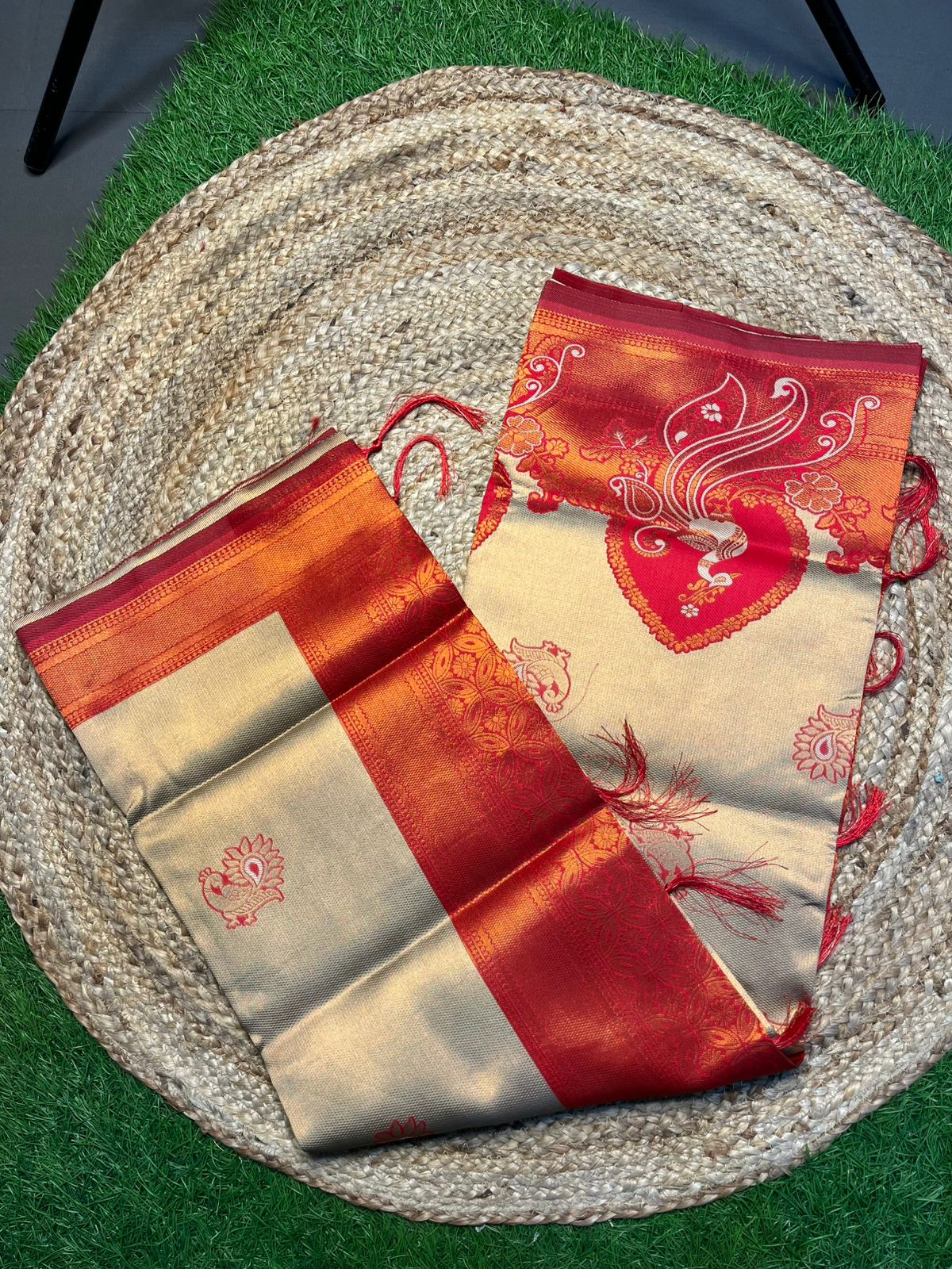 golden and red saree for regal charm. perfect for weddings, festivals, and special occasions