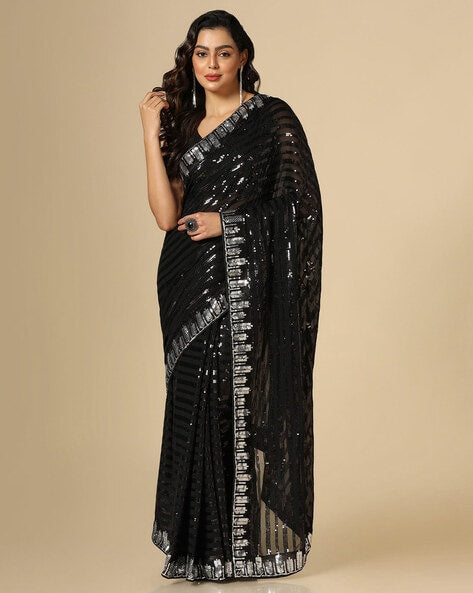 elegant black sequin designer saree with shimmering border for luxe occasions