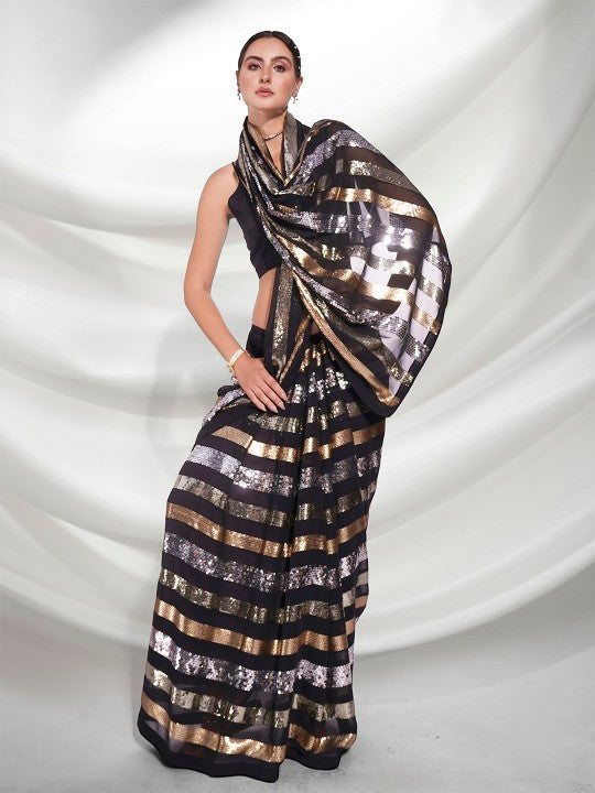 black & metallic striped sequin designer saree for luxe party wear 🖤💫