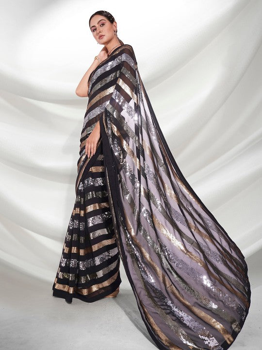 black & metallic striped sequin designer saree for luxe party wear 🖤💫