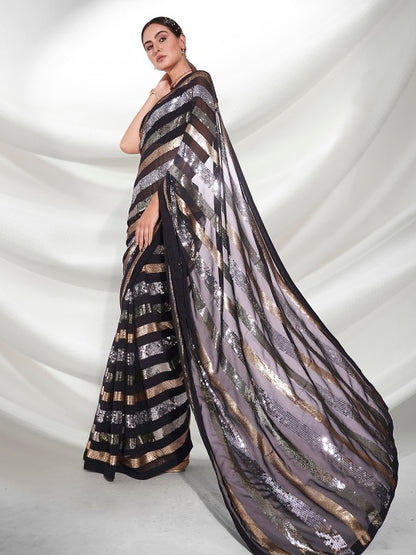 Black & Metallic Striped Sequin Designer Saree for Luxe Party Wear 🖤💫