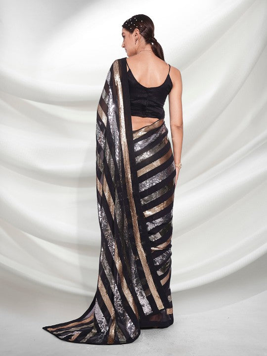 black & metallic striped sequin designer saree for luxe party wear 🖤💫