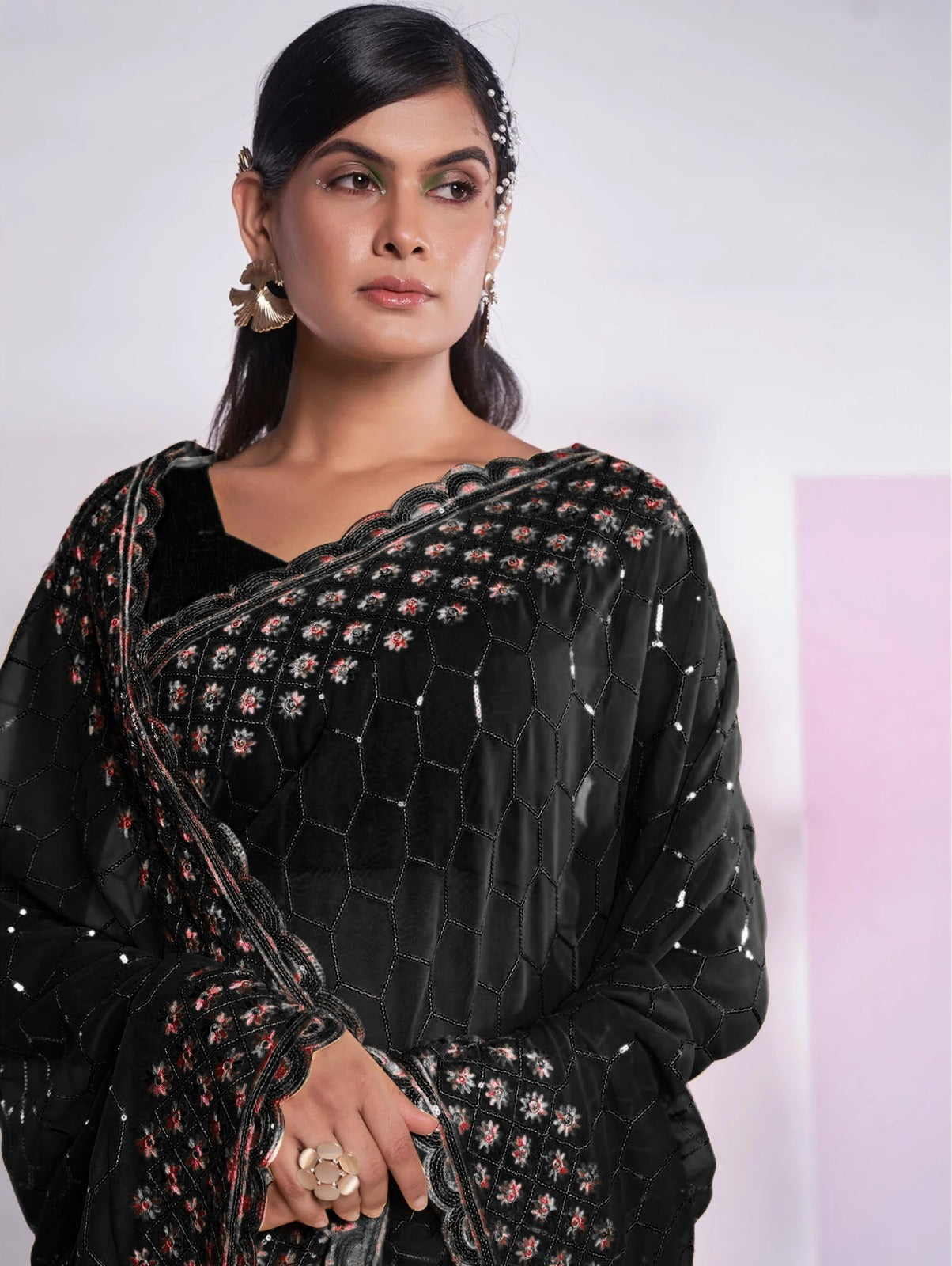 designer black bollywood-inspired sequin embellished party wear saree with blouse piece 🖤