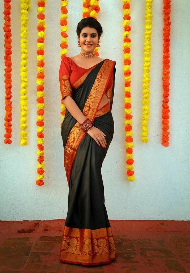 elegant black silk saree red blouse | indian wedding & festive wear | ready-to-wear | perfect gift for her | sarees usa | customized blouse