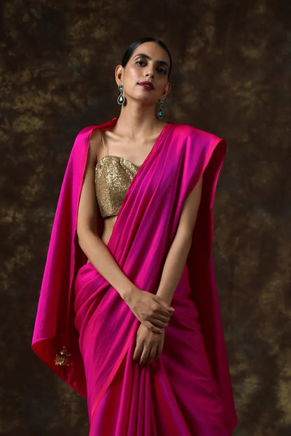Fuchisia Hot Pink and Red Satin Saree, Reversible Silk Saree Indian Wedding and Festivals, Two tone saree, Ready to Wear Saree USA, UK