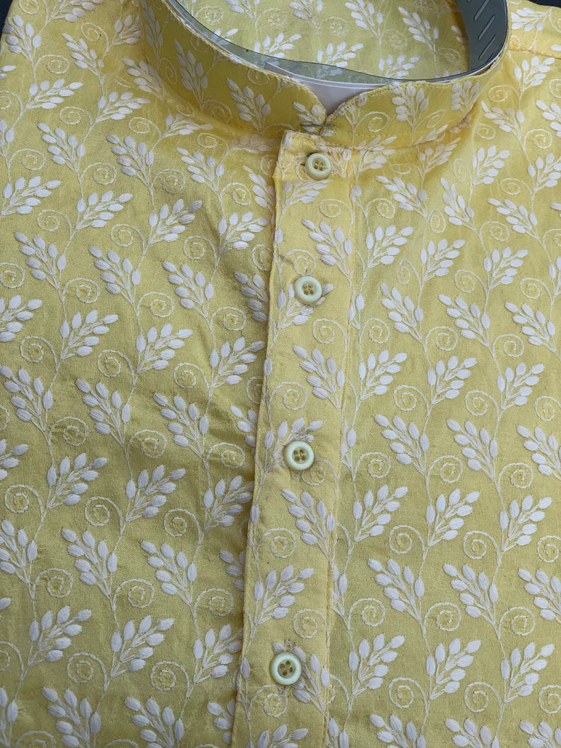 light yellow chikankari men's kurta pajama set, lucknowi men's kurta indian wedding men clothing, gift men's kurtas, kurta pyjama set