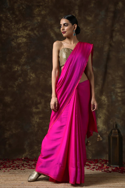 Fuchisia Hot Pink and Red Satin Saree, Reversible Silk Saree Indian Wedding and Festivals, Two tone saree, Ready to Wear Saree USA, UK