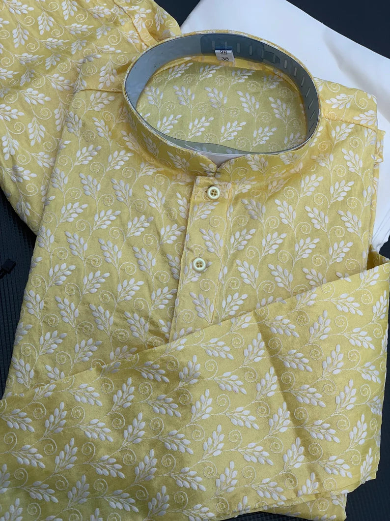 light yellow chikankari men's kurta pajama set, lucknowi men's kurta indian wedding men clothing, gift men's kurtas, kurta pyjama set