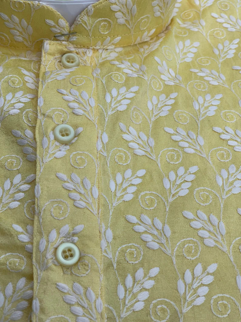 light yellow chikankari men's kurta pajama set, lucknowi men's kurta indian wedding men clothing, gift men's kurtas, kurta pyjama set