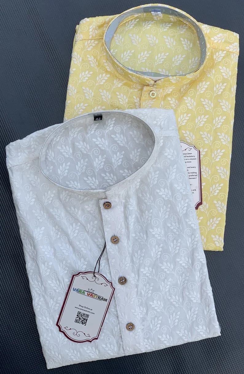 light yellow chikankari men's kurta pajama set, lucknowi men's kurta indian wedding men clothing, gift men's kurtas, kurta pyjama set