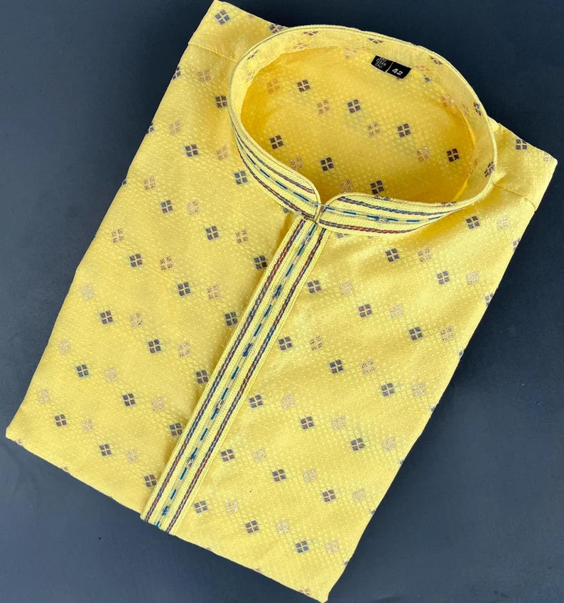 premium yellow cotton mens kurta pajama set | indian, pakistani wedding party wear mens kurta fast delivery to usa, australia