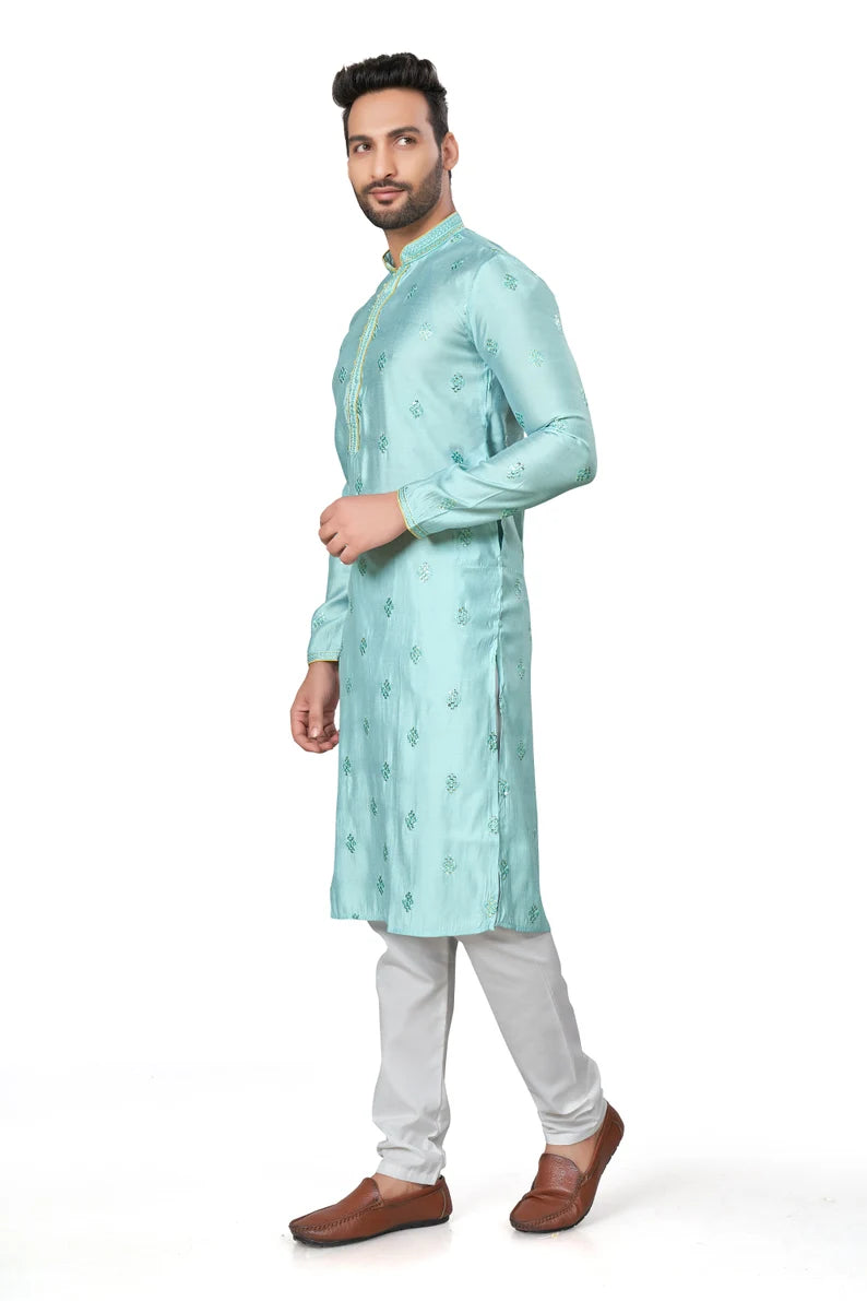 premium sea blue silk men kurta pajama in floral design | indian, pakistani wedding, party wear men's tradition kurta