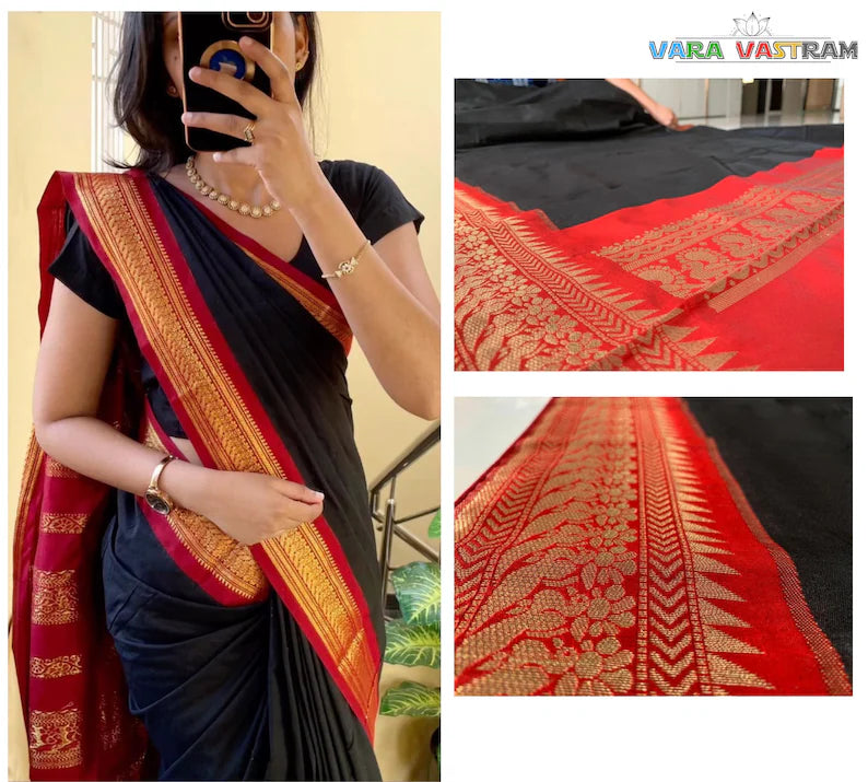 black & red soft silk saree - south indian handloom, wedding, festival sari with golden jari patta border, ethnic gift for women usa