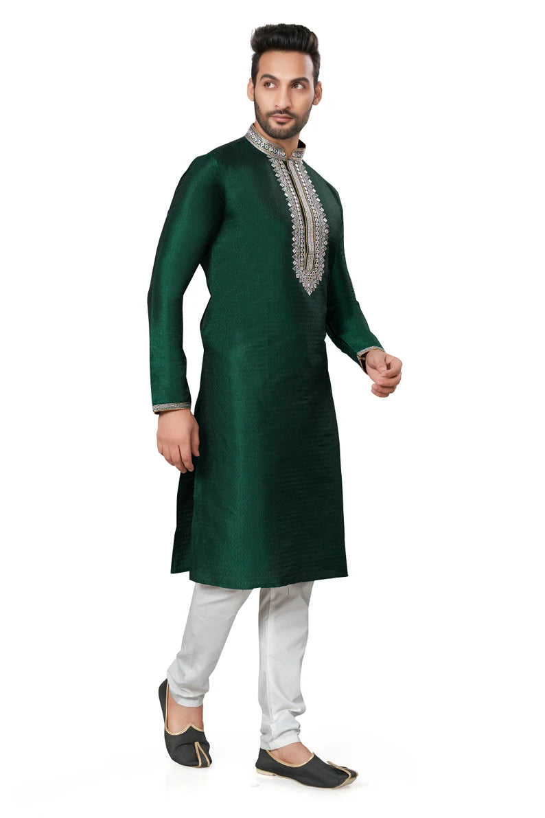 dark green cotton men's kurta pajama set | indian, pakistani wedding men's kurta with silk dupatta fast delivery to usa, australia, uk