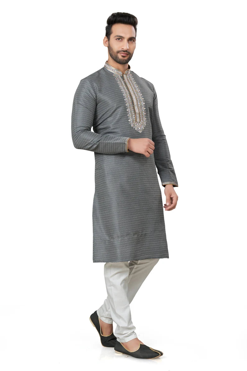 gray cotton men's kurta pajama set | indian, pakistani wedding men's kurta with silk dupatta fast delivery to usa, australia, uk