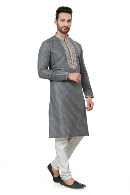 Gray Cotton Men's Kurta Pajama set | Indian, Pakistani Wedding Men's Kurta with Silk Dupatta Fast delivery to USA, Australia, UK