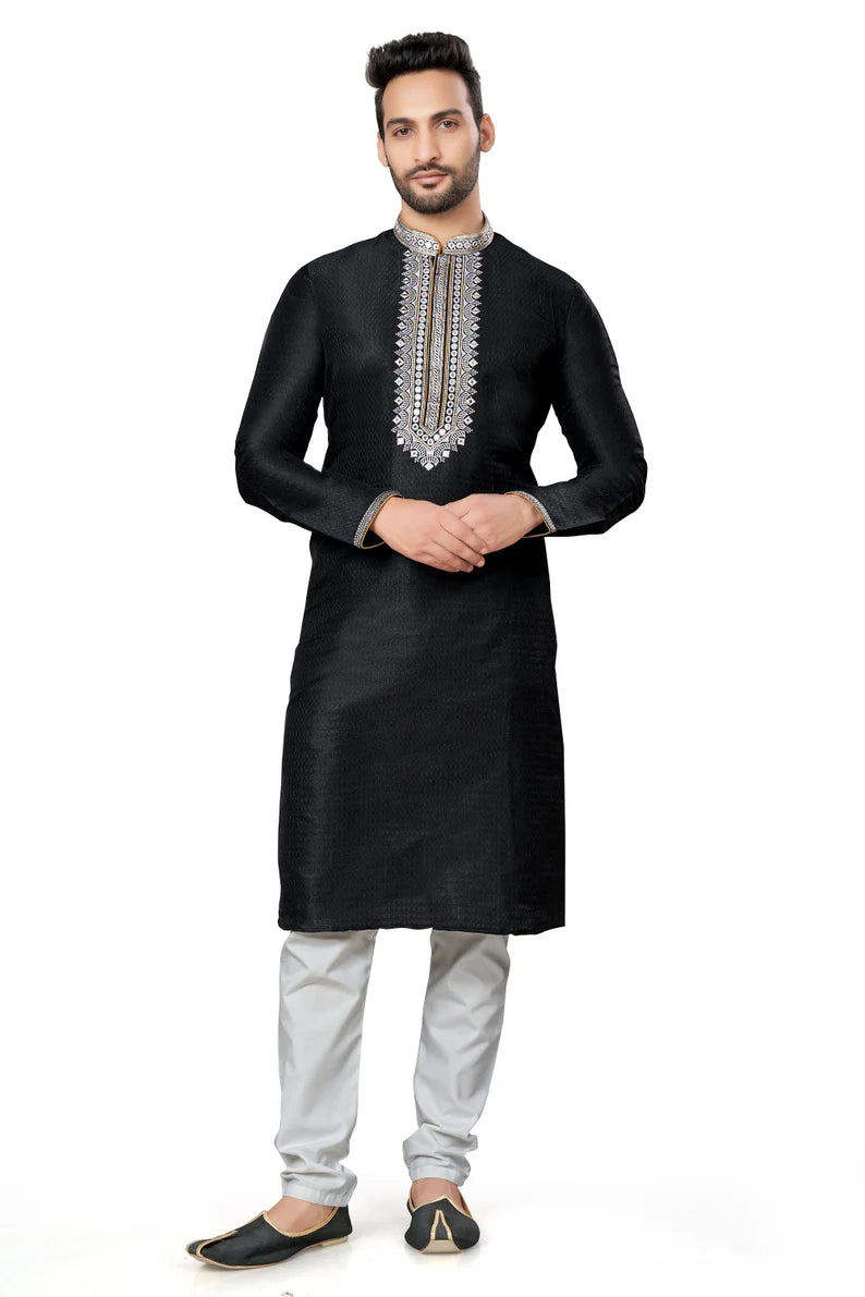 black cotton men's kurta pajama set | indian, pakistani wedding men's kurta with silk dupatta fast delivery to usa, australia, uk