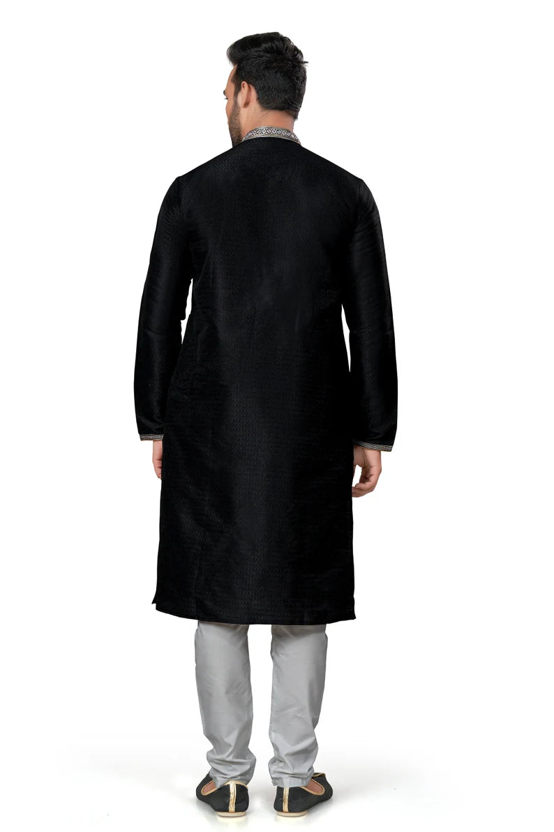 black cotton men's kurta pajama set | indian, pakistani wedding men's kurta with silk dupatta fast delivery to usa, australia, uk