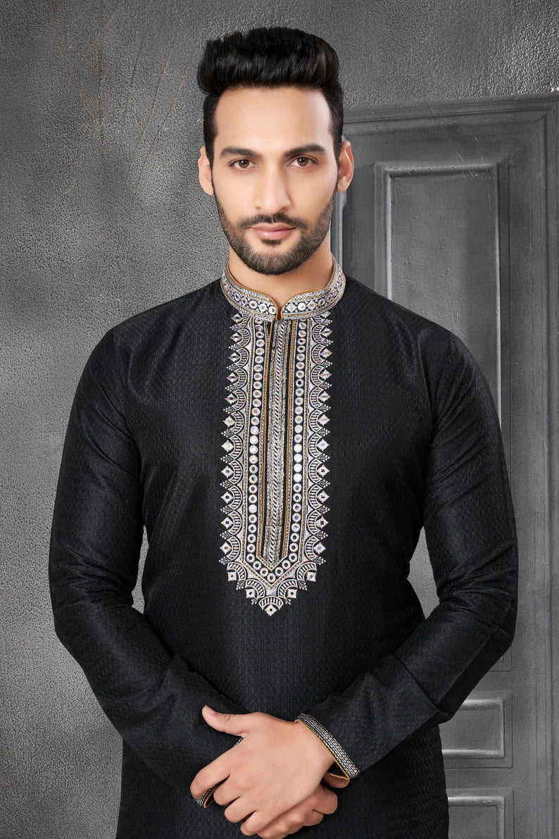 black cotton men's kurta pajama set | indian, pakistani wedding men's kurta with silk dupatta fast delivery to usa, australia, uk