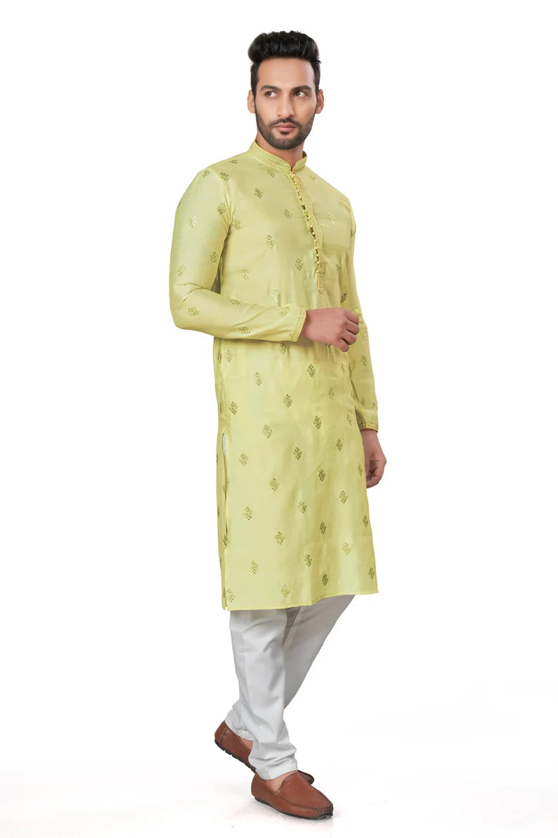 premium lime green silk men kurta pajama in floral design | indian, pakistani wedding,party wear mens tradition kurta