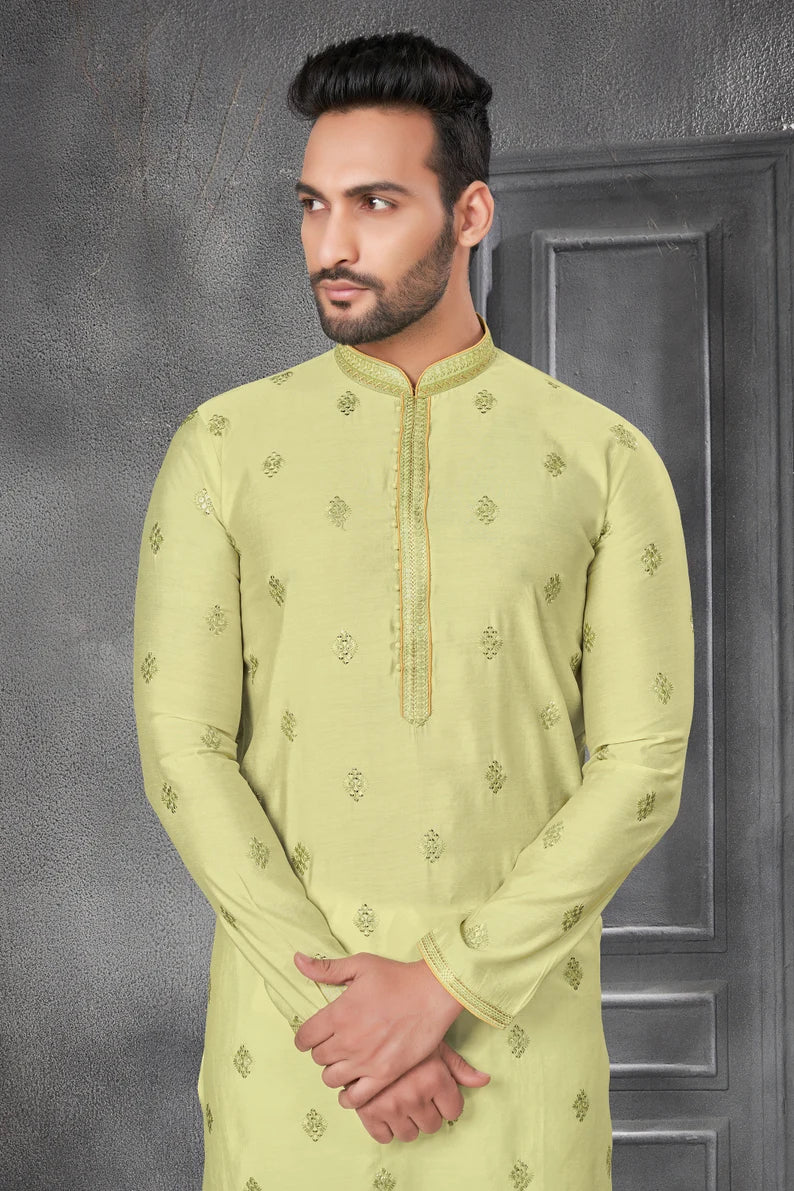 premium lime green silk men kurta pajama in floral design | indian, pakistani wedding,party wear mens tradition kurta